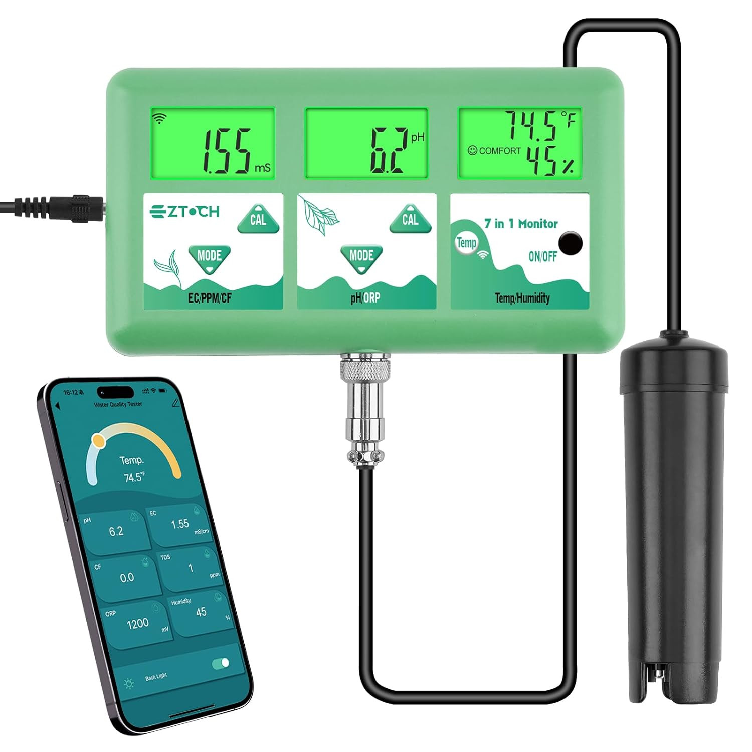 Ph Monitor Hydroponic Continuous 7 in 1 EC Ph TDS CF ORP Monitor, Wifi Continuou
