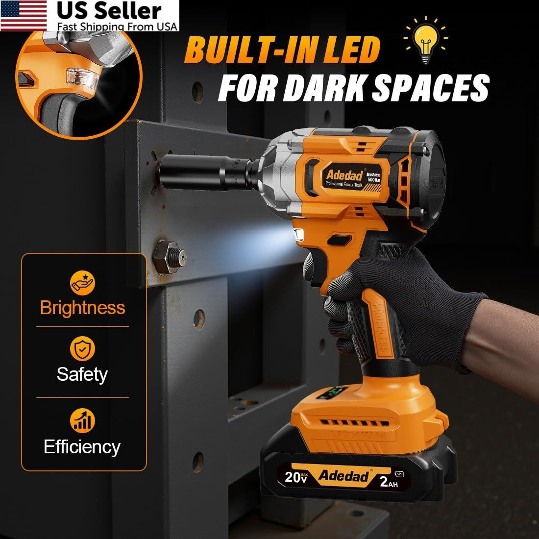 Adedad Brushless Impact Wrench 3-in-1 500N.m(369Ft-lbs) Torque Yellow