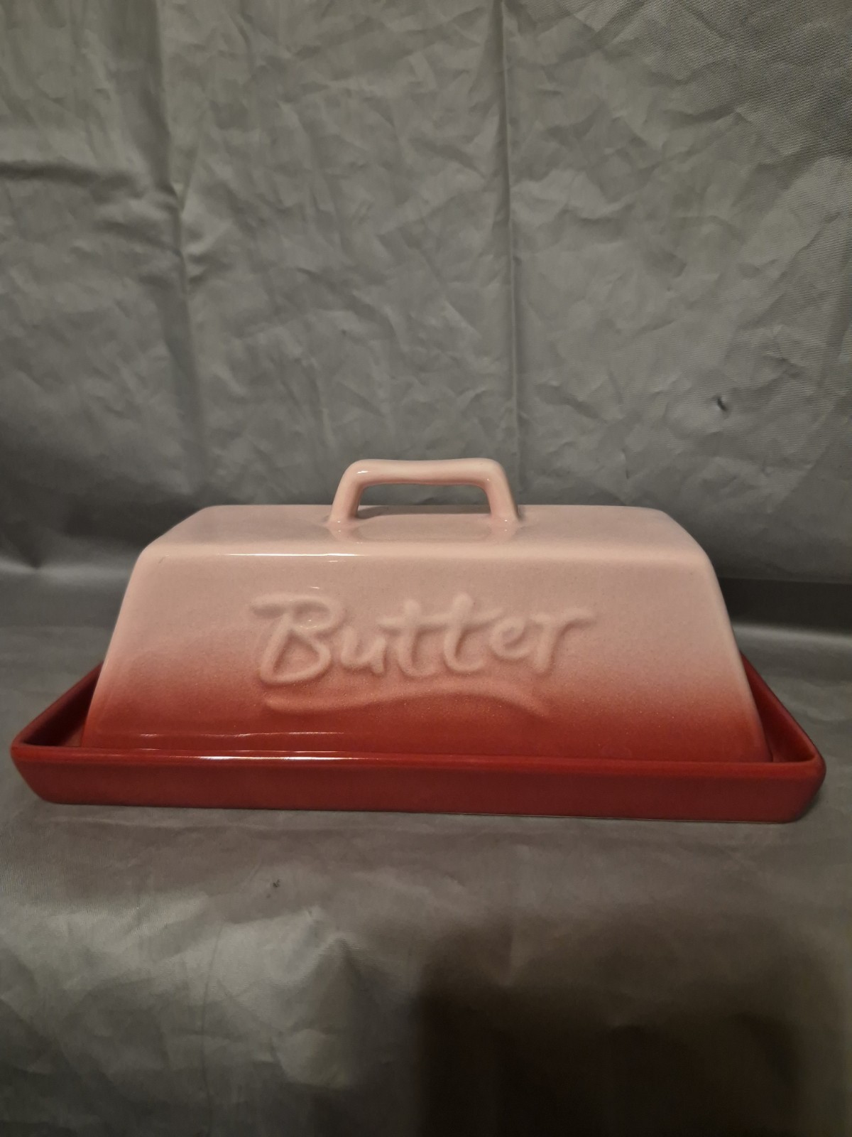 Pink Ombre Covered Butter Dish 7.5 In Length Square Handle Porcelain Preowned