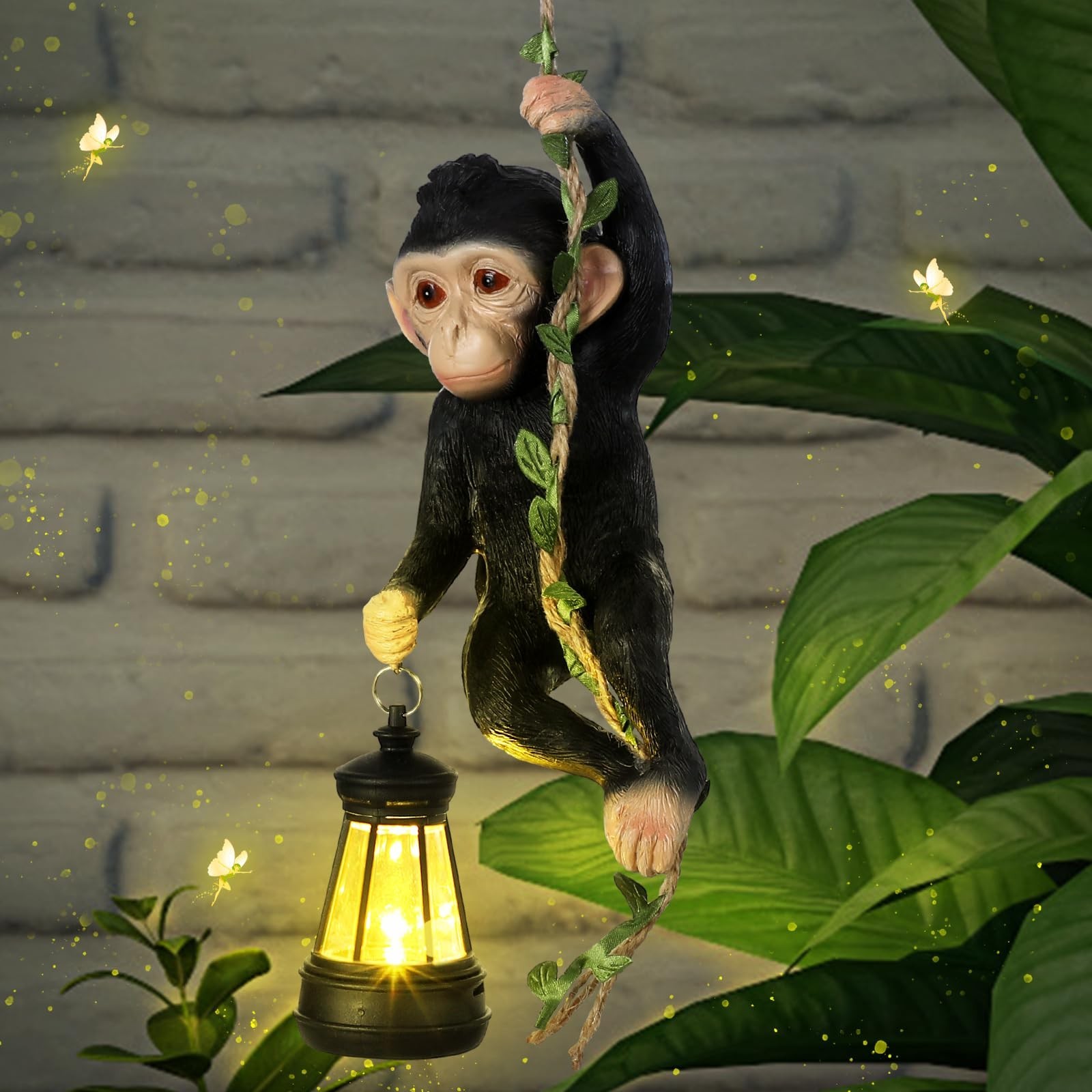 Solar Light Outdoor Monkey Statues Black 7.48 Inch Resin Chimpanzee Baby Monk…