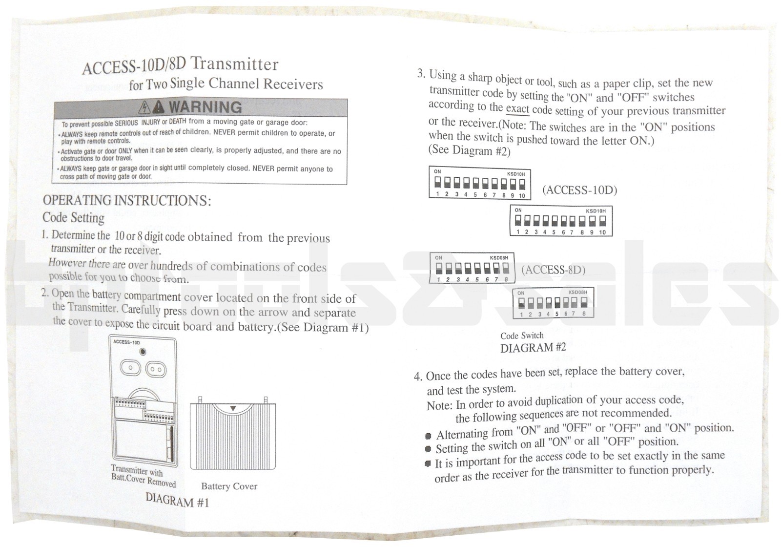 10 Digit Code 2 Buttons Remote Control Garage/Gate Transmitter Opener 300MHz