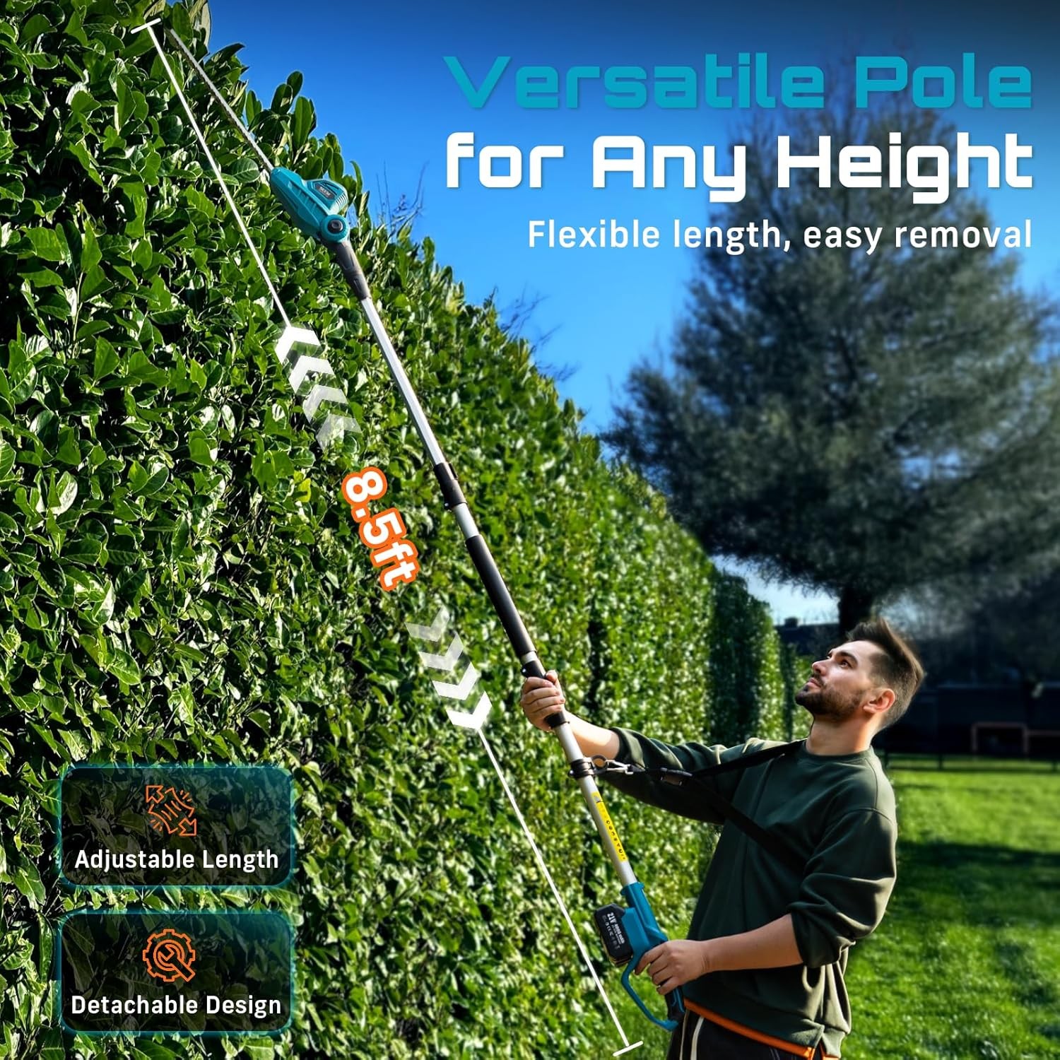 SEESII Telescopic Cordless Pole Hedge Trimmer 20″ Dual-Action Blade 8Ft Pole
