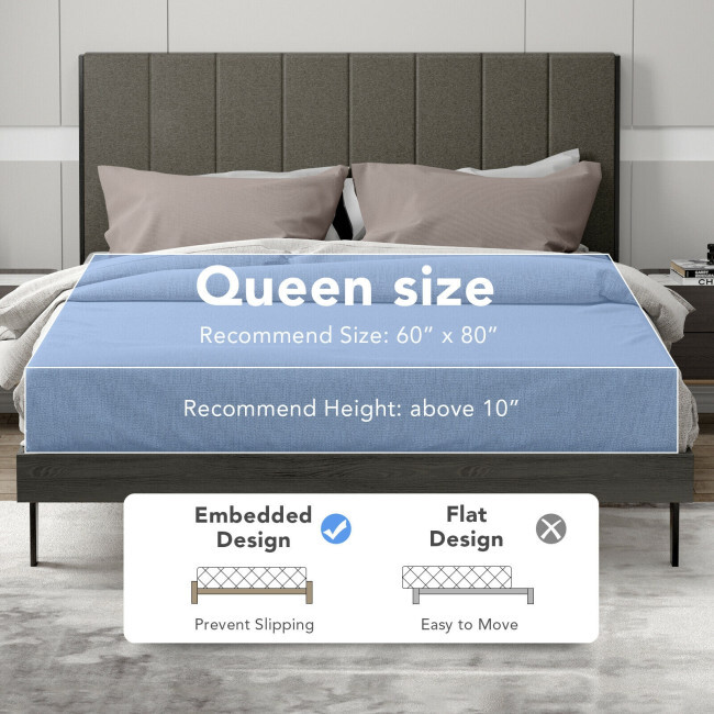 Queen Size Bed Frame Tufted Upholstered Headboard Bedroom W/ Solid Wooden Slat