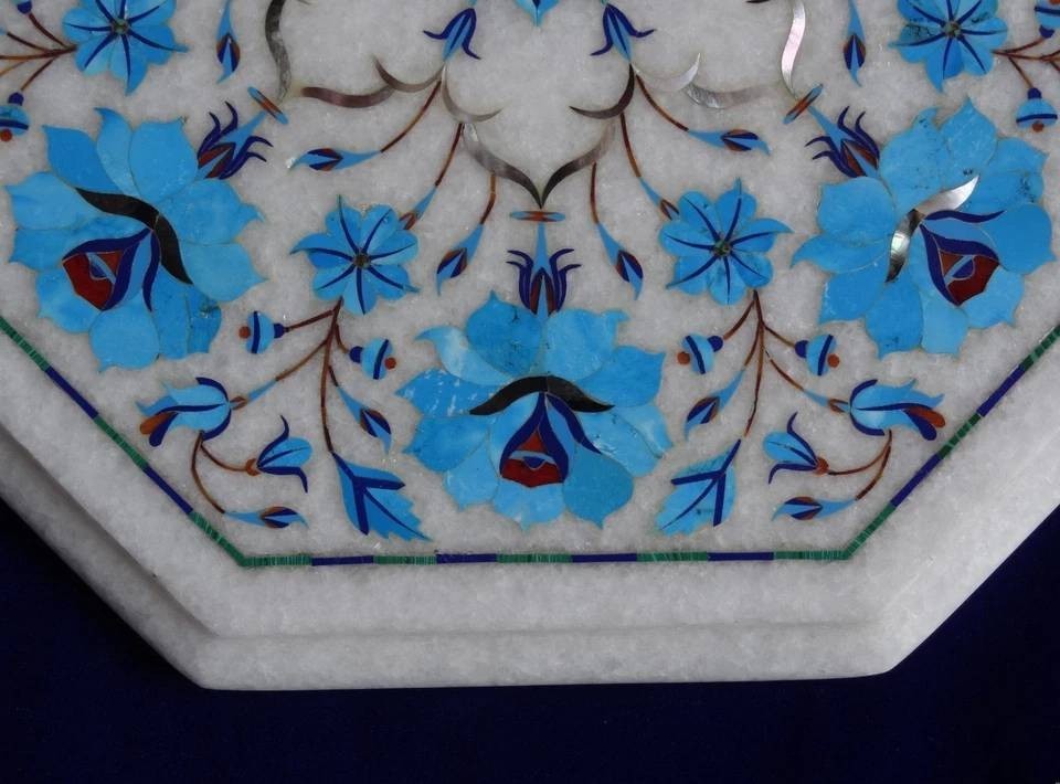 12″ Marble Table top Semi Precious Stones turquoise floral inlay Work home decor