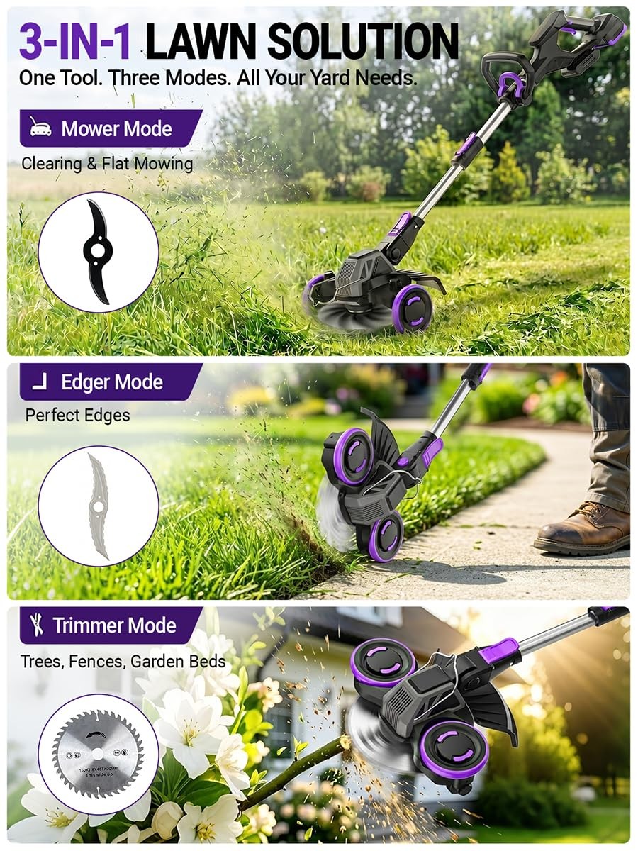 Cordless Weed Wacker, GearBrushless Motor, 20V 5.2Ah Battery Powered, 3 in 1 …