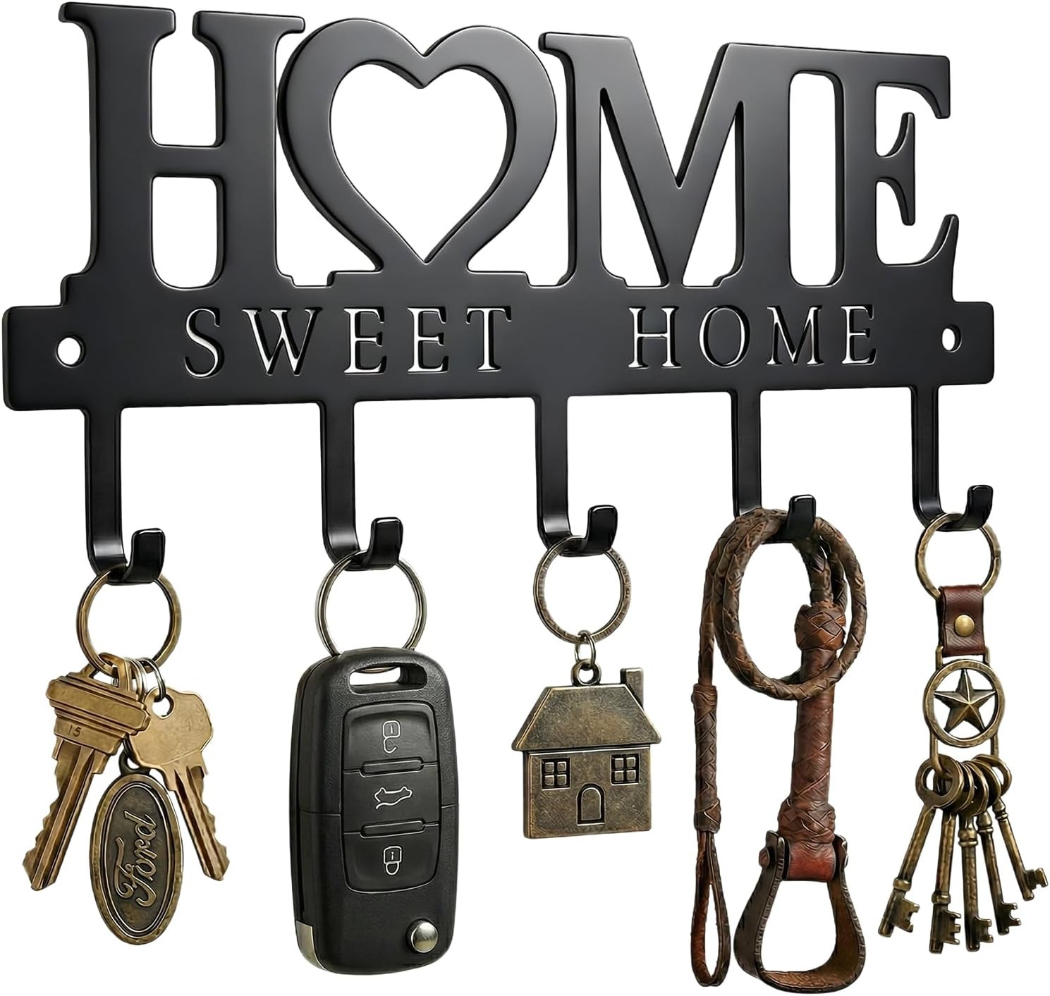 Entryway Wall Key Holder 5 Hooks Metal Key Rack Sweet Home Black 9.8in