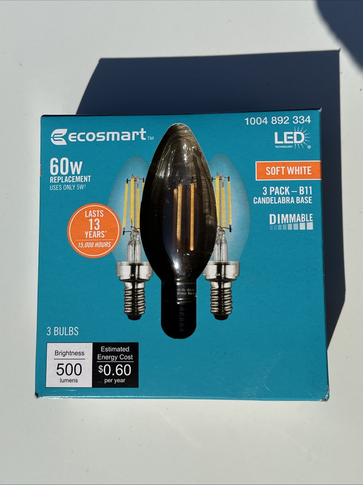 Ecosmart 60W B11 LED Soft White Dimmable Candelabra Base 3 Pack – Brand New