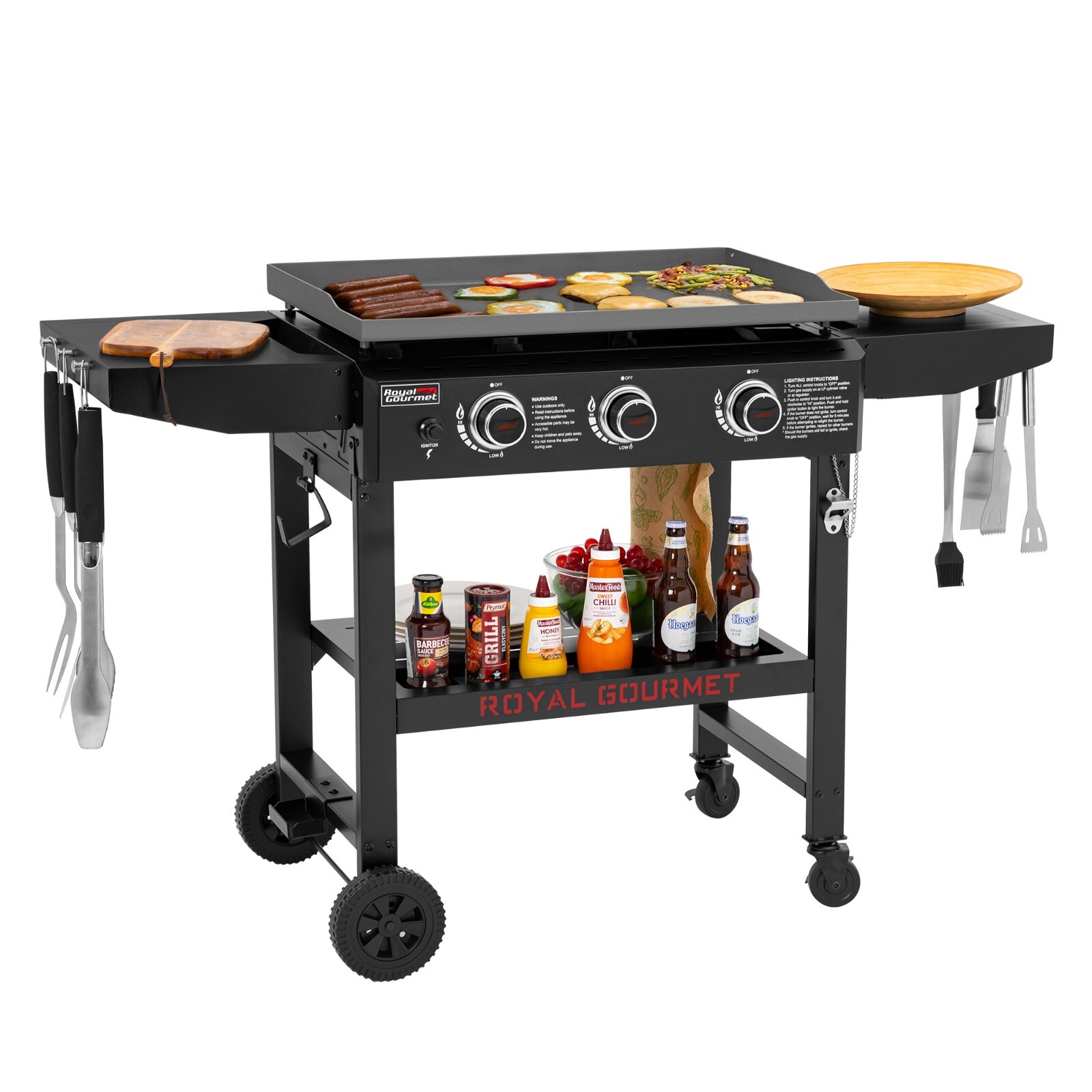 Royal Gourmet 28-Inch 3-Burner Propane Gas Griddle with Collapsible Side Shelves