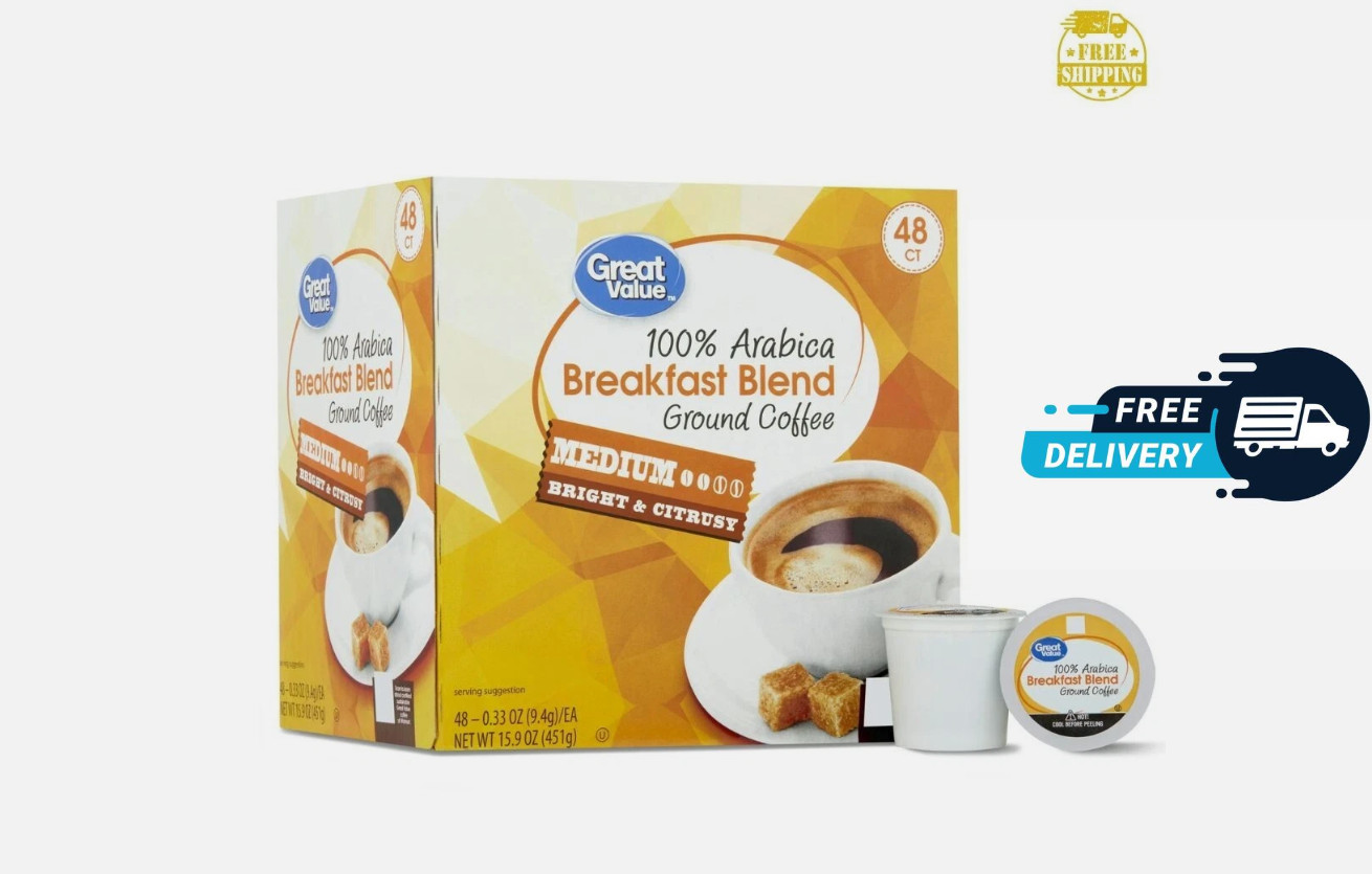 Great Value 100% Arabica Breakfast Blend Medium Roast Ground Coffee Pods, 48 Ct