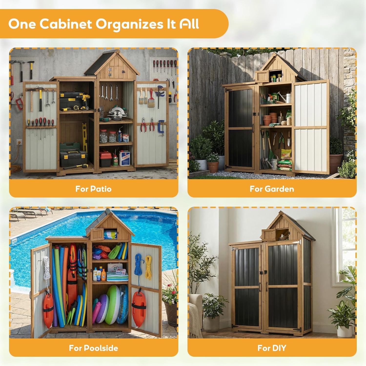 PETSCOSSET Outdoor Storage Cabinet Wood & Metal Garden Shed with Lockable Doors
