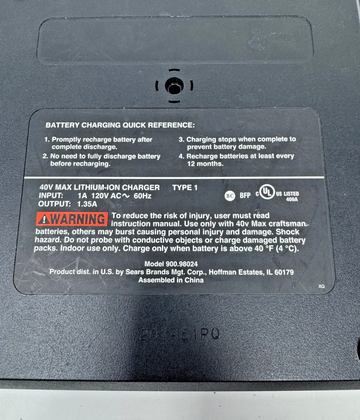 Craftsman 40V Max DieHard Lithium Ion Battery Charger Model: 900.98024