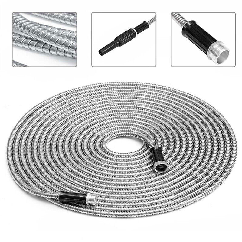 25 50 75 100FT Stainless Steel Metal Water Hose Pipe Flexible Lightweight Garden