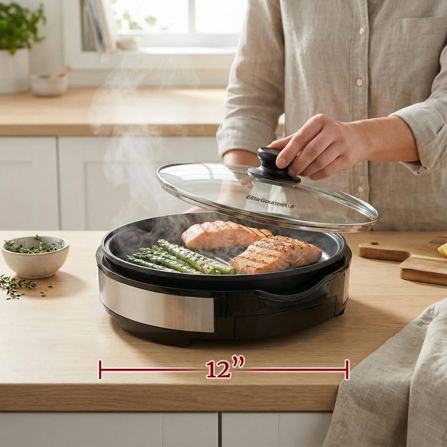 Effortless Grilling – 12″ Smokeless Indoor BBQ Grill with Dishwasher Safe Parts