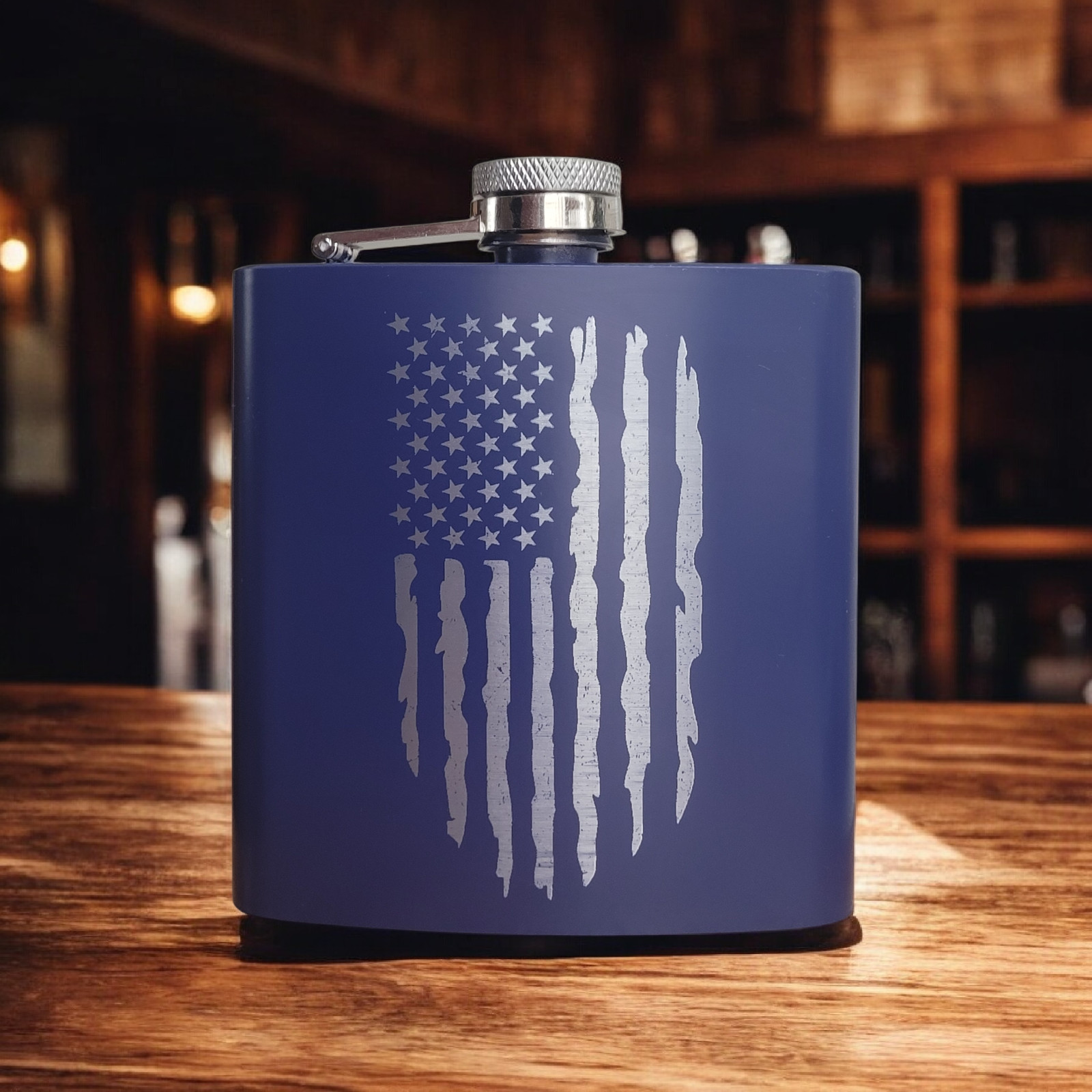 Matte Blue 6 oz. Stainless Steel Hip Pocket Flask – US Flag Design