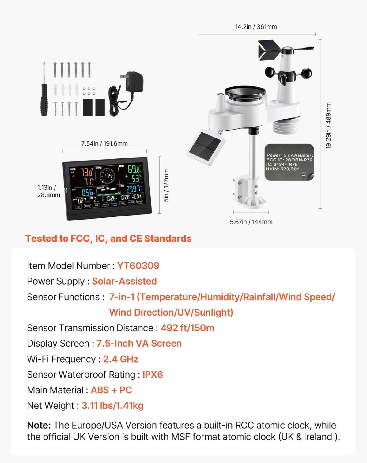 7-in-1 Wireless Weather Station 7.5” Display and In-Outdoor Sensor by Uimoso ~~