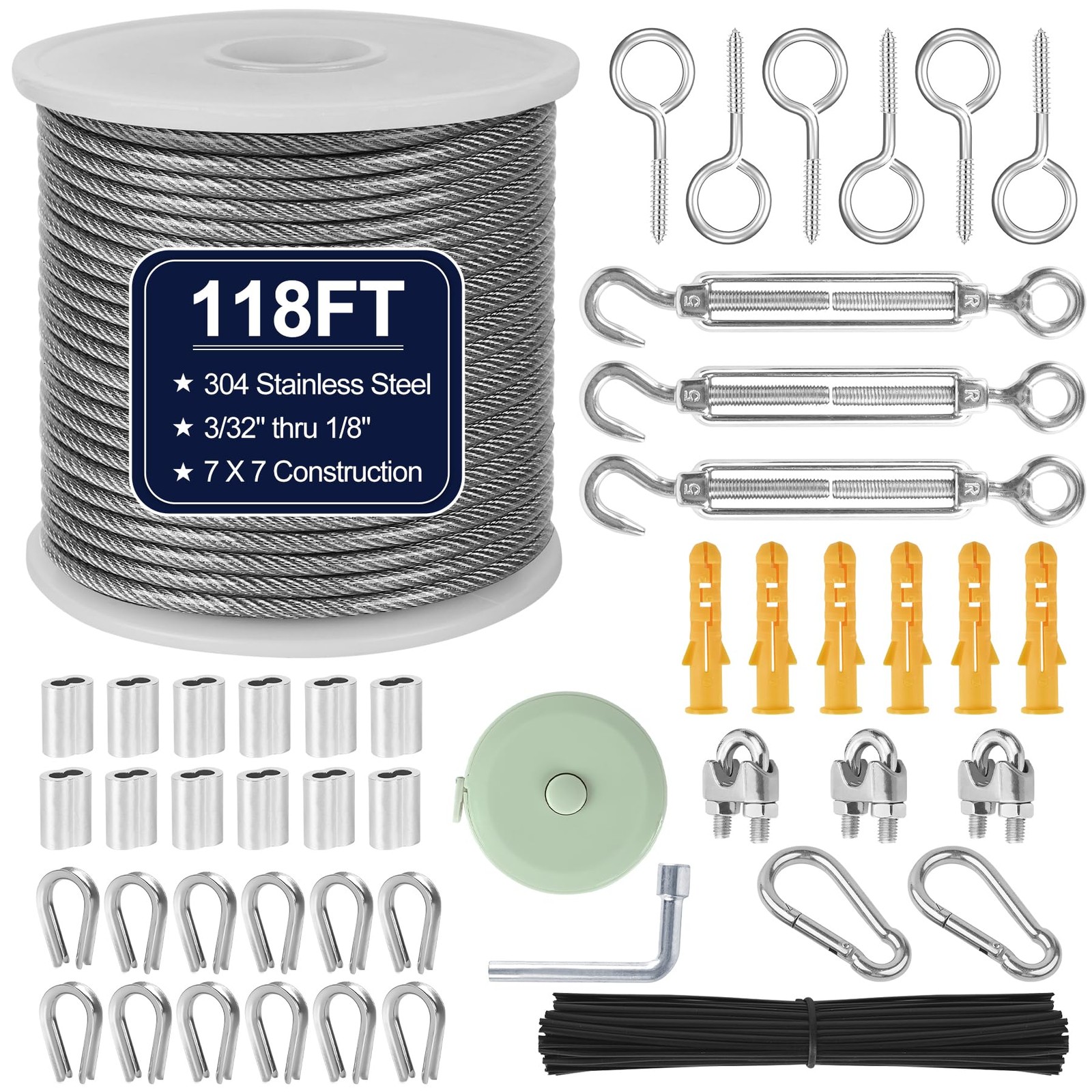 phepetroll 1/8″ Wire Rope Kit 118FT Stainless Steel 118FT, Silver Black