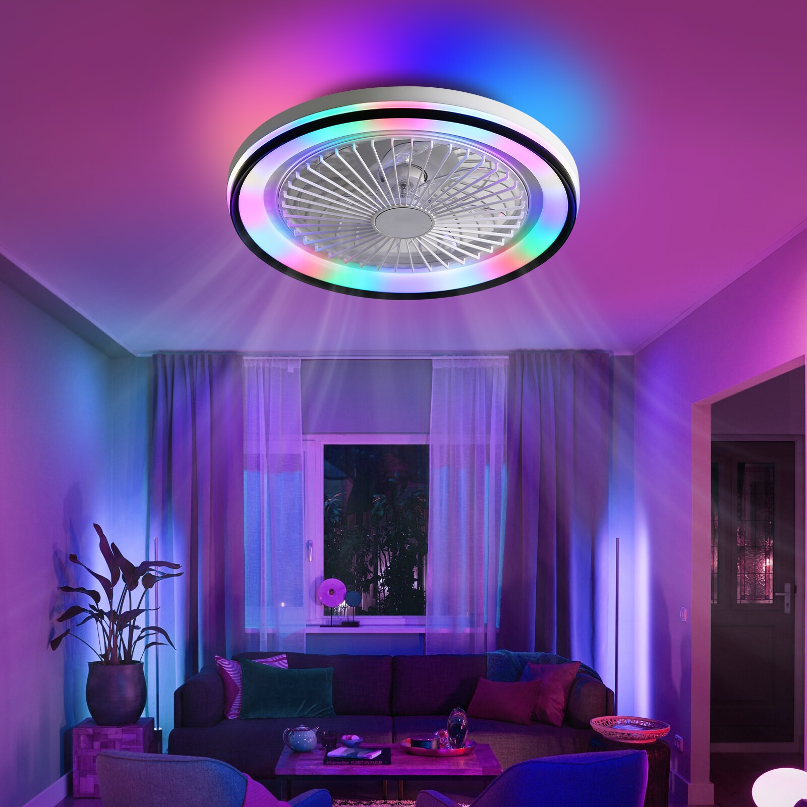 19in Flush Mount LED Ceiling Fan with RGB Light Remote & APP Control Fan Light