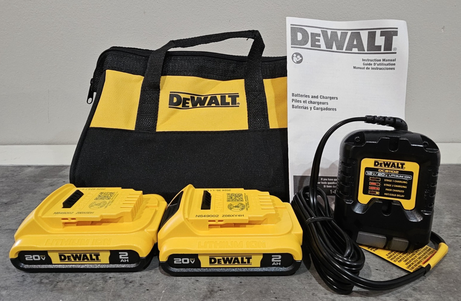 DeWALT Starter Kit DCB1102 Charger, 2 DCB203 2 AH 20V Batteries, & 11″ Tool Bag