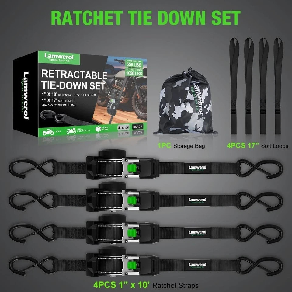 Rhino USA Retractable Ratchet Straps (4-Pack) – 1 Inch x 10 Feet (1,650lb Break