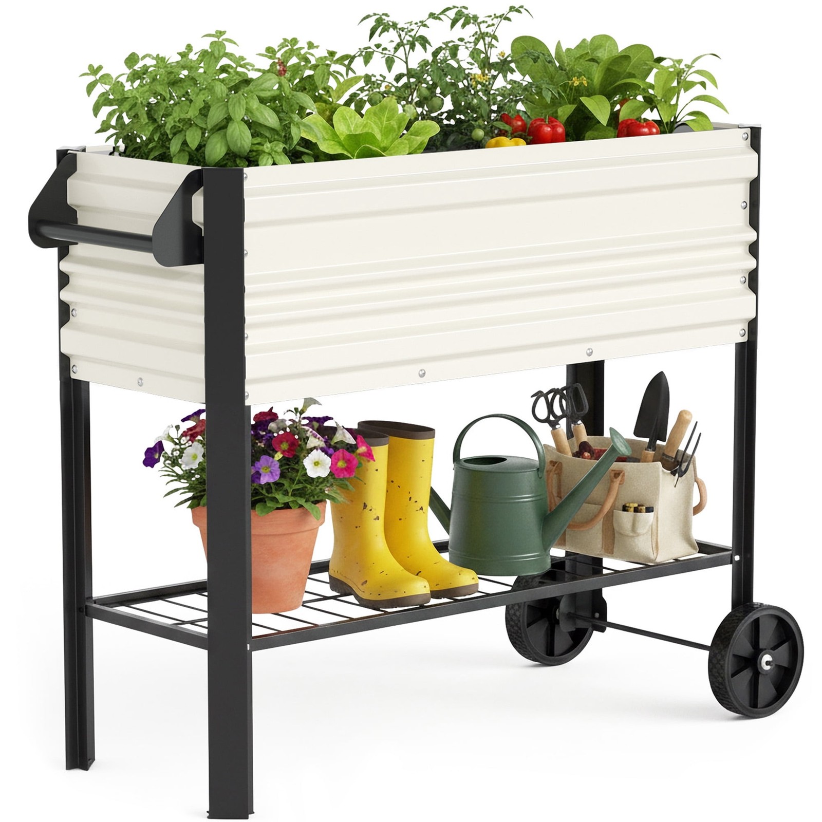WORKPRO 37in Outdoor Galvanized Raised Garden Bed with Legs and Wheels, White,