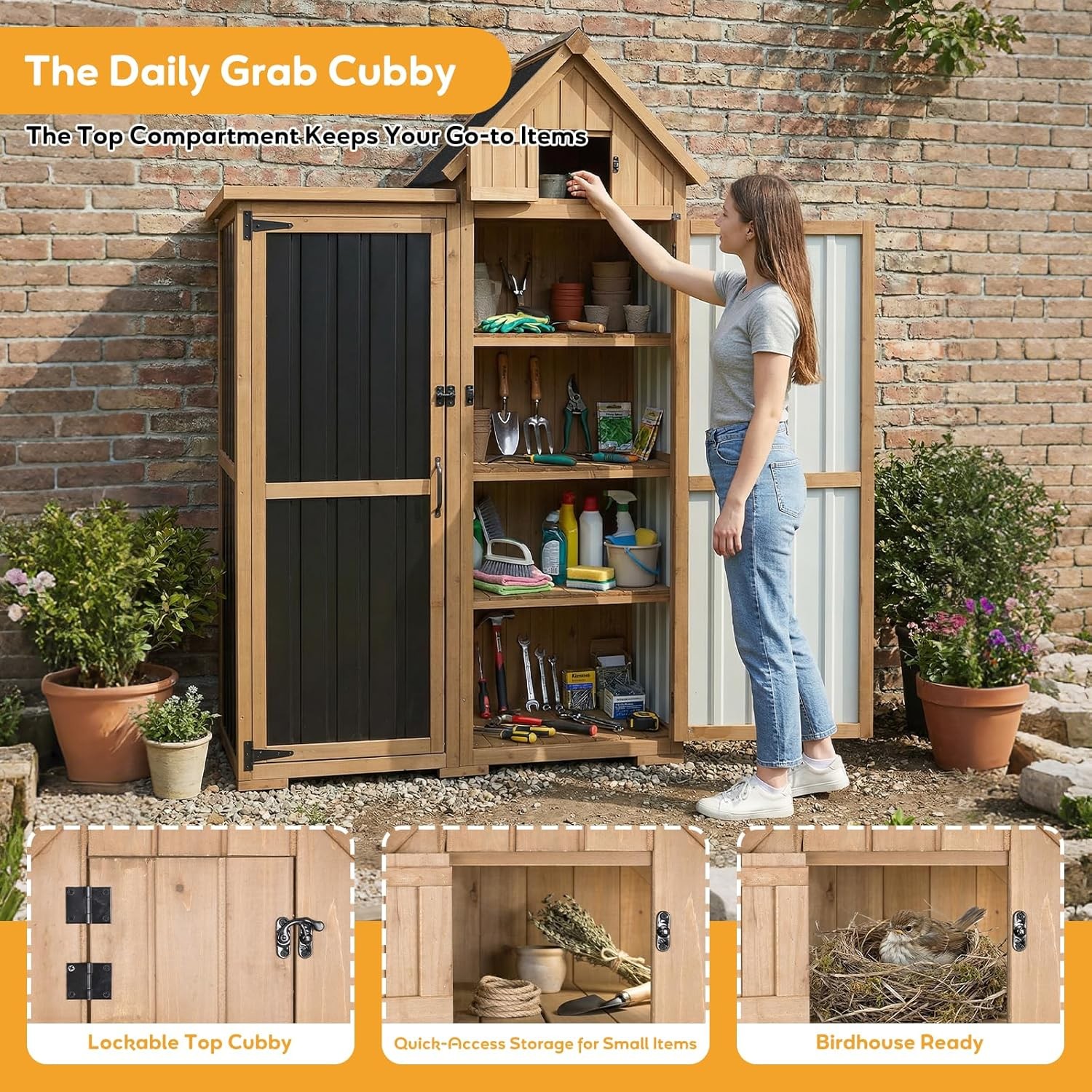 PETSCOSSET Outdoor Storage Cabinet Wood & Metal Garden Shed with Lockable Doors