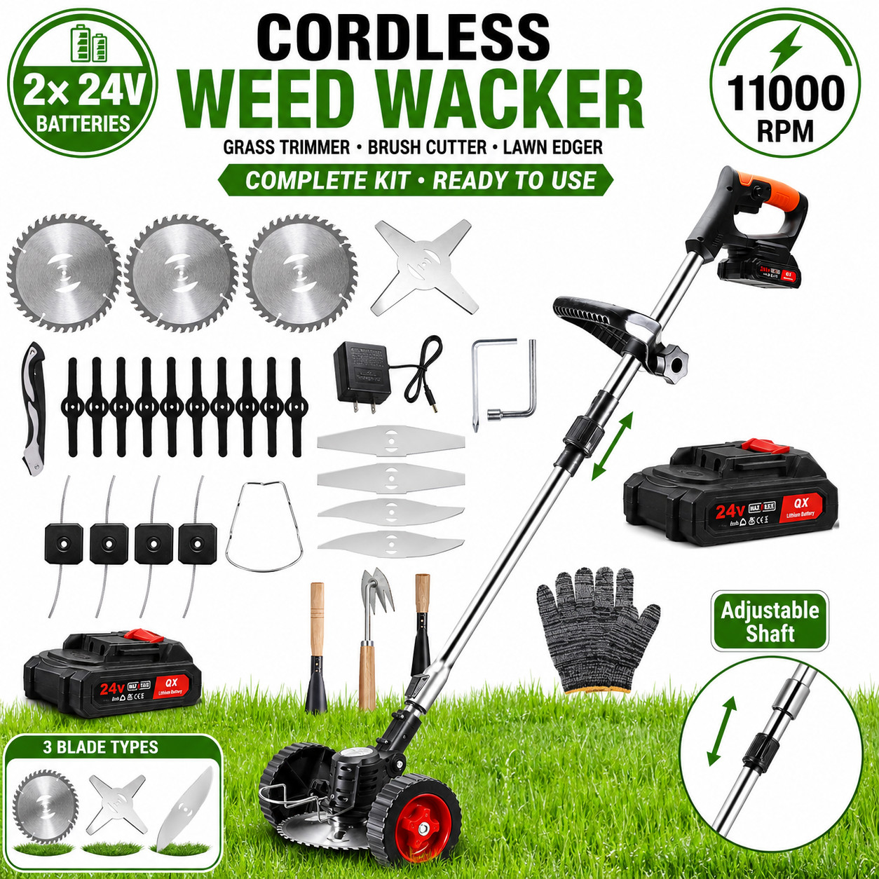 24V Cordless Weed Wacker Grass Trimmer 2 Batteries Brush Cutter Lawn Edger Kit