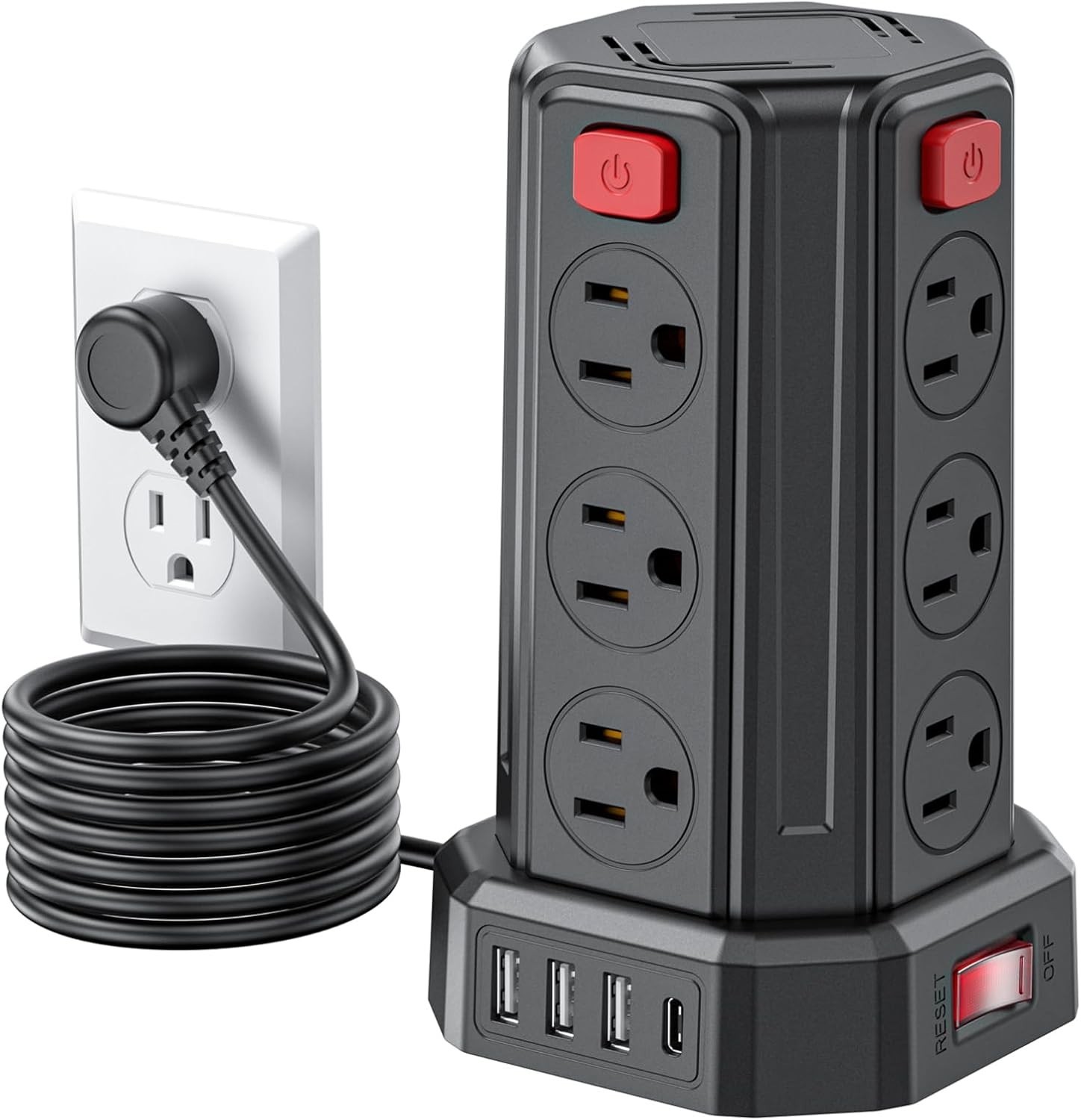 Compact 12-Outlet Power Strip with 4 USB Ports – 6.5 Ft Surge Protection Tower