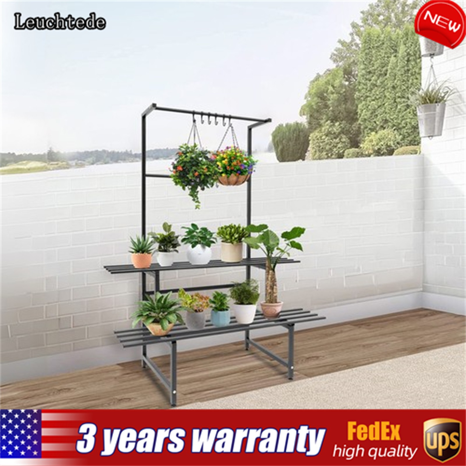 2 Tier Carbon Steel Plant Stand With Hanging Rods Metal Plant Holder 8.38lbs