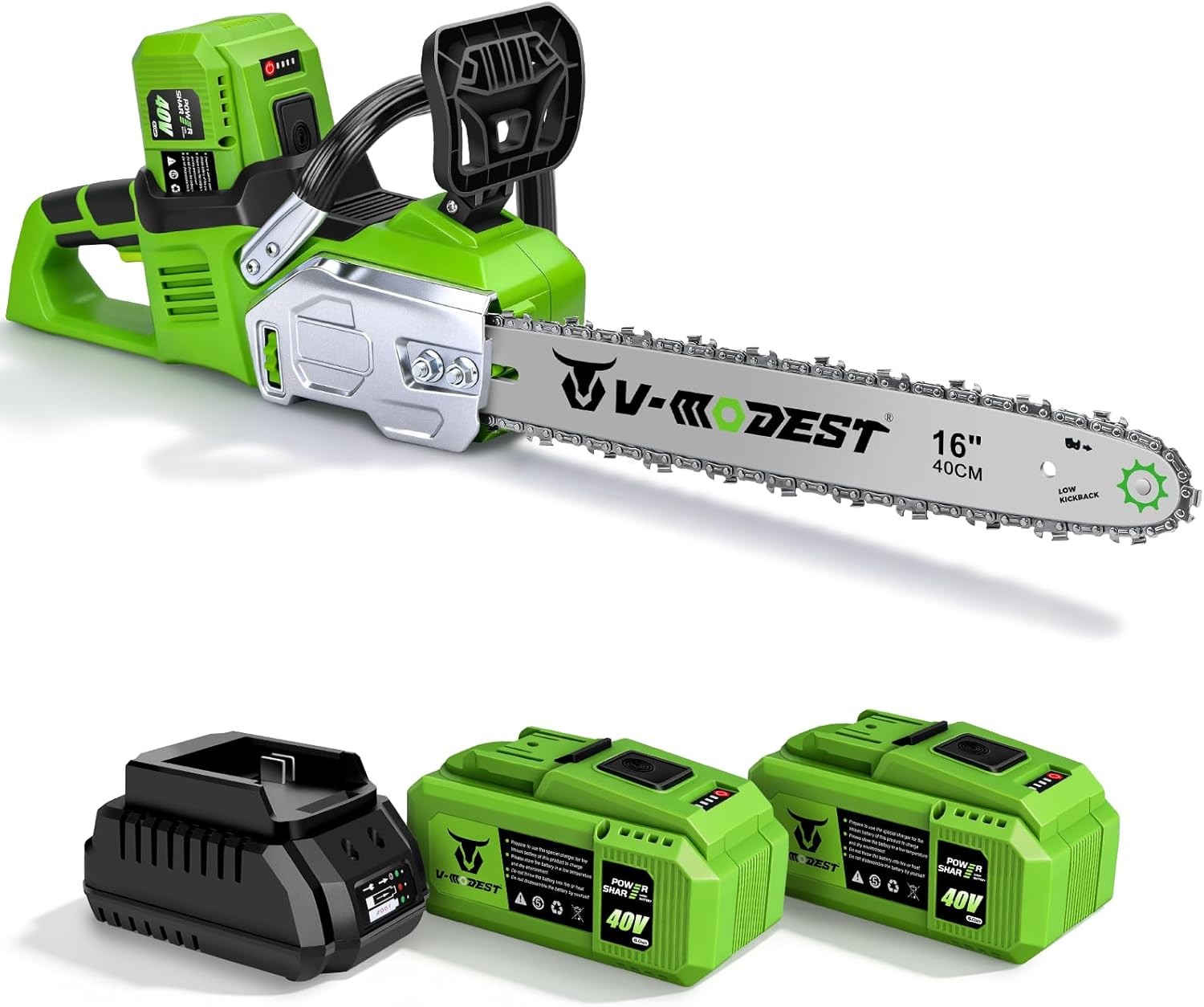 V-MODEST 40V Brushless 16-Inch Cordless Chainsaw Kit 2×6.0Ah Batteries&Charge