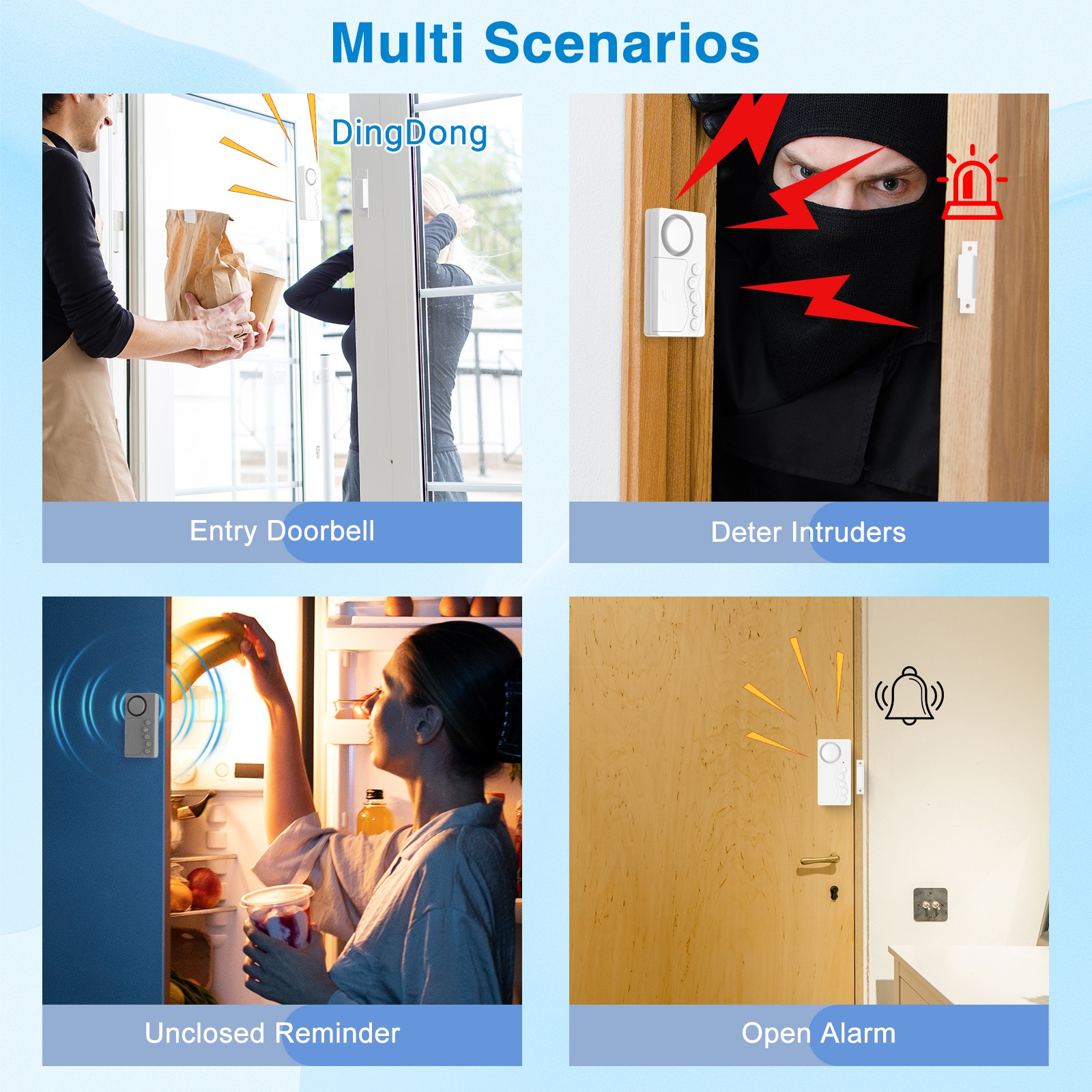 Loud 108dB Door Security Alarm 3/15/30/60S Delay 3Volumes 4Modes Anti-Theft 2PCS