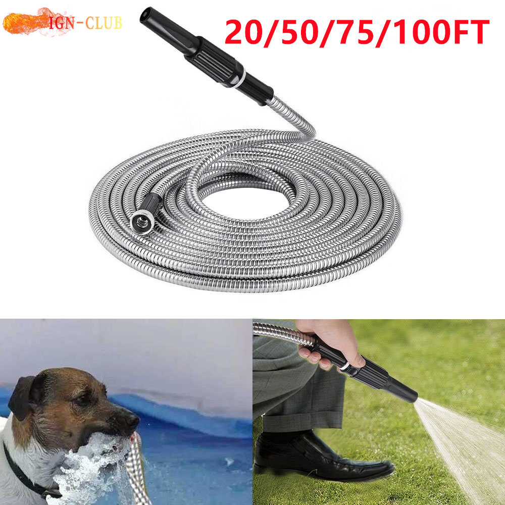 25/50/75/100FT Lightweight Stainless Steel Metal Garden Water Hose Pipe Flexible