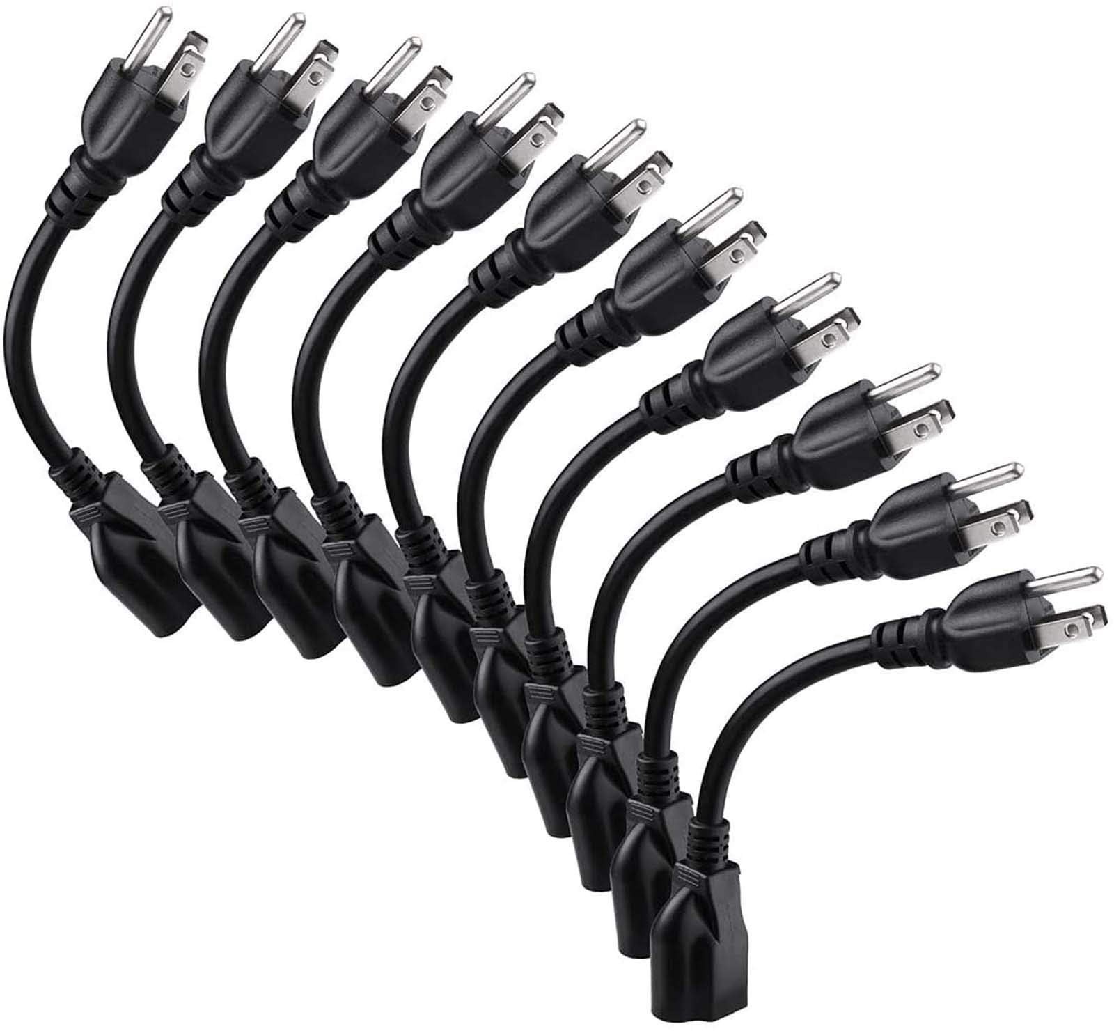 Short Power Extension Cord, 16AWG 3 Prong Outlet Saver, 8 Inch, 10 Pack, Black