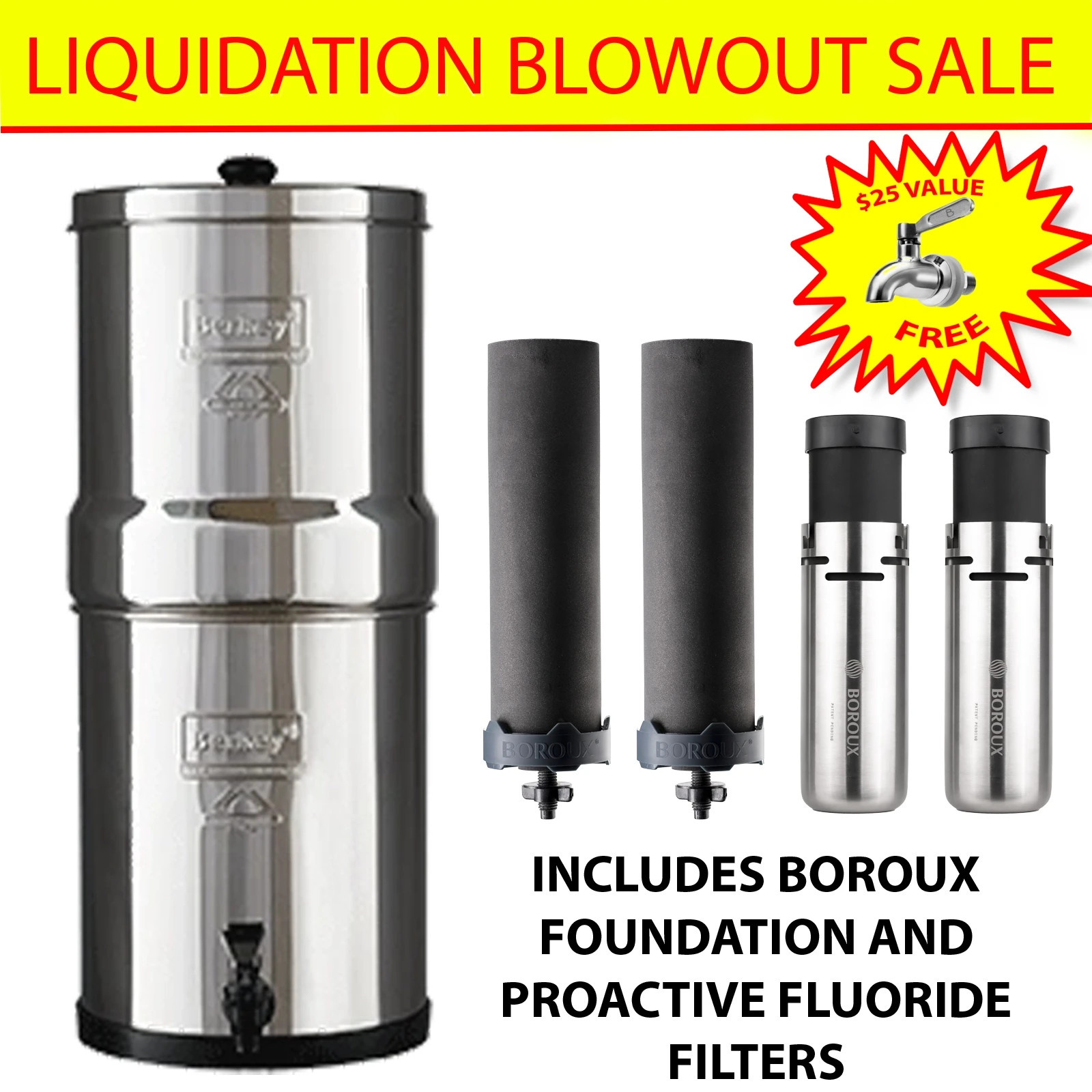 Royal Berkey Water Filter with 2 Boroux Foundation Black and 2 Fluoride Filters