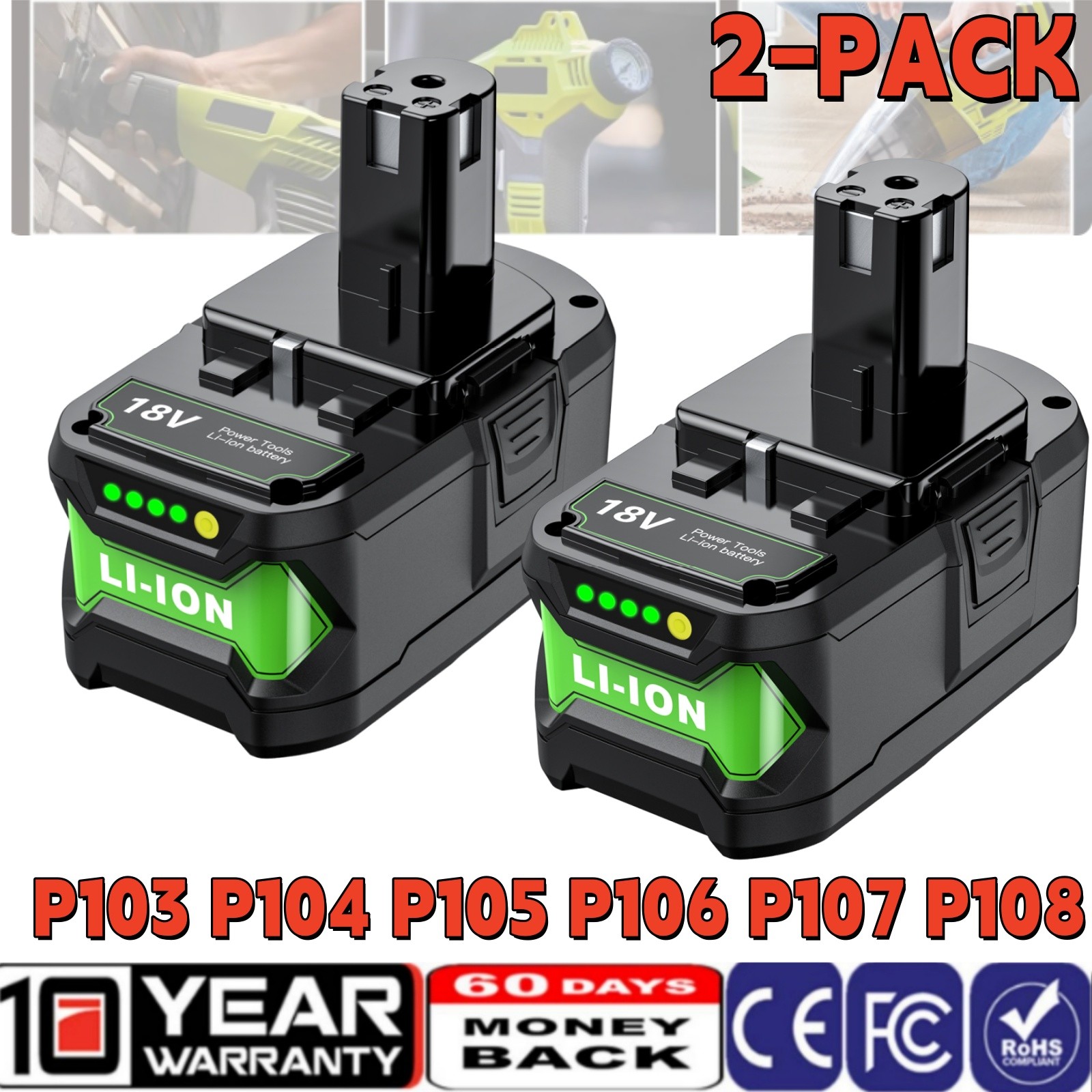 2PACK 8000mAh Battery Lithium-ion For Ryobi One Plus P108 18 Volt High Capacity