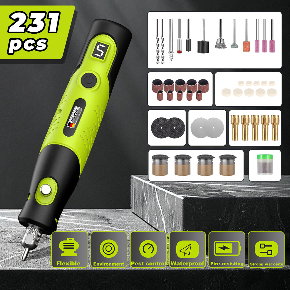 231pcs Electric Mini Drill Pen Grinder Engraving Cordless Compact 5 Speed Rotary