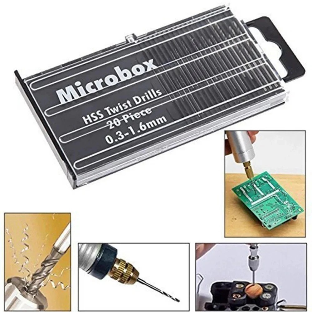 20pc Micro Drill Bit Set Wire Gauge Index #61-80 without Swivel Head Pin Vise