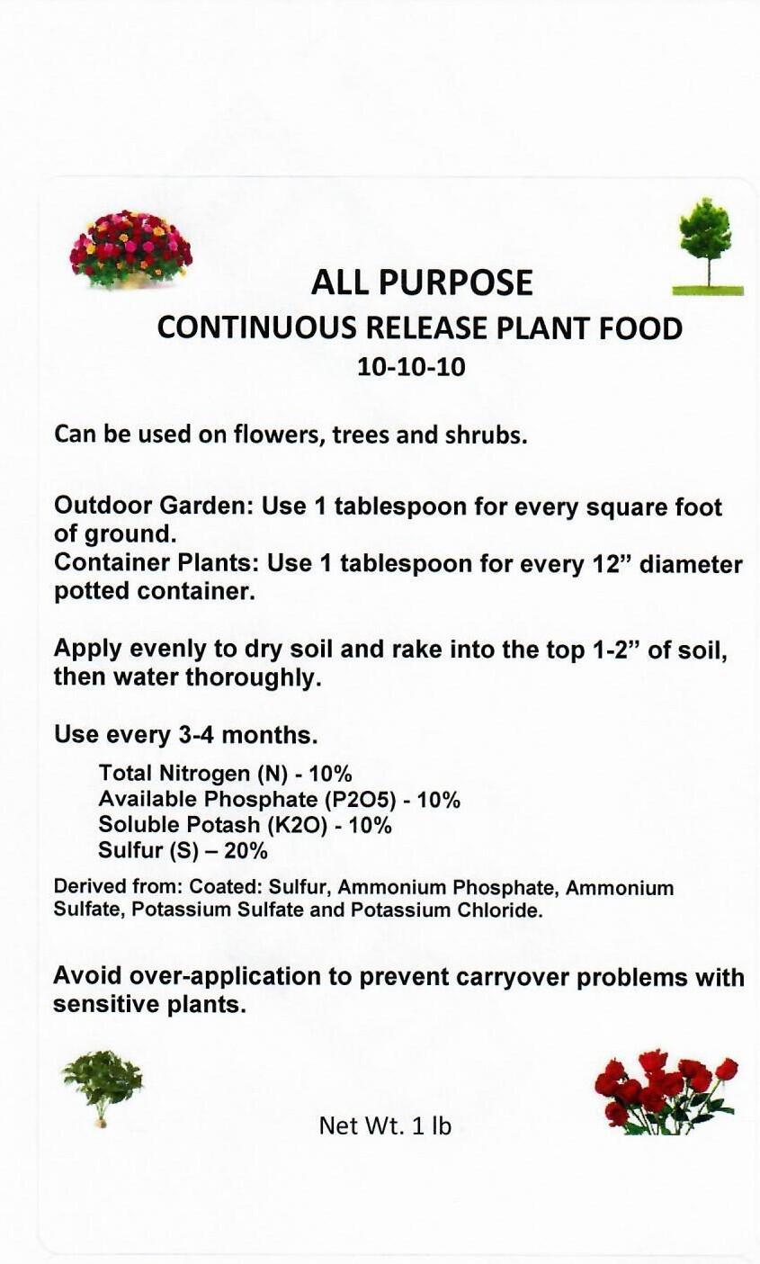 Fertilizer Continuous Release 10-10-10 Plant Food 1 lb Flower Vegetable Shrub
