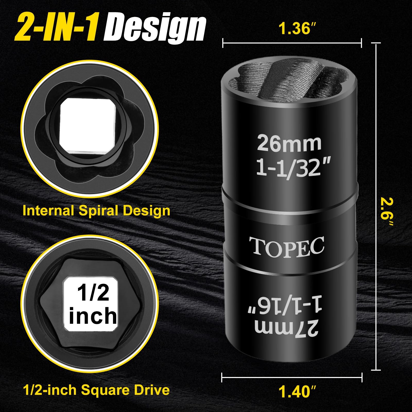 Topec 26mm x 27mm Flip Lug Nut Extractor, 1/2″ Drive 26 x
