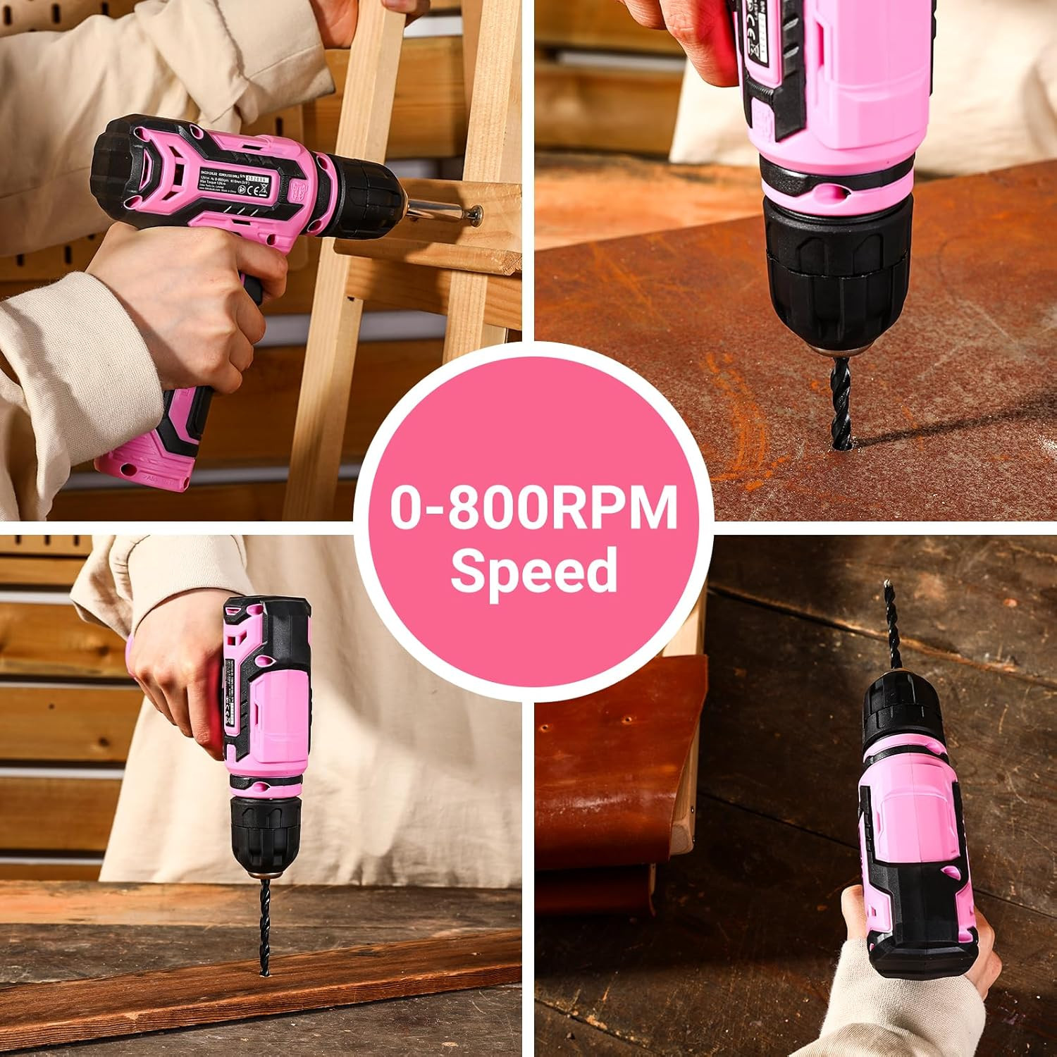 DEKOPRO 12V Cordless Power Drill Set, Pink, 800RPM Electric Drill with Tool Kit