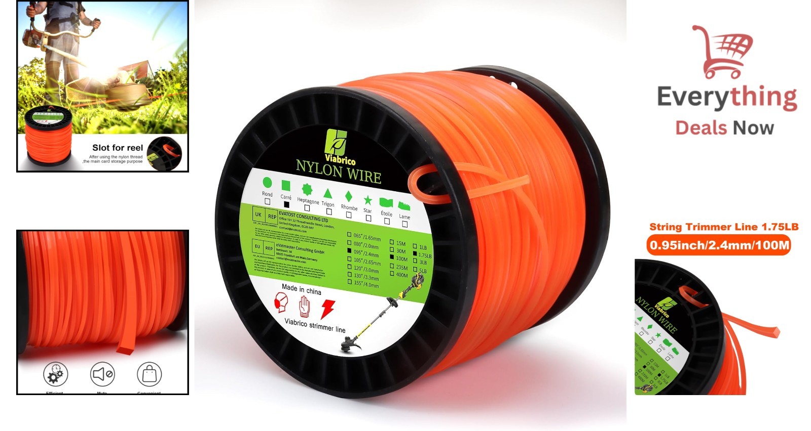 Square Orange Heavy Duty Trimmer Line 0.095in 330ft 1.7LB Nylon String