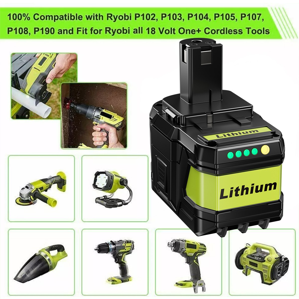 9.0AH For RYOBI P108 18V High Capacity Battery 18Volt Lithium-Ion One+ Plus P109