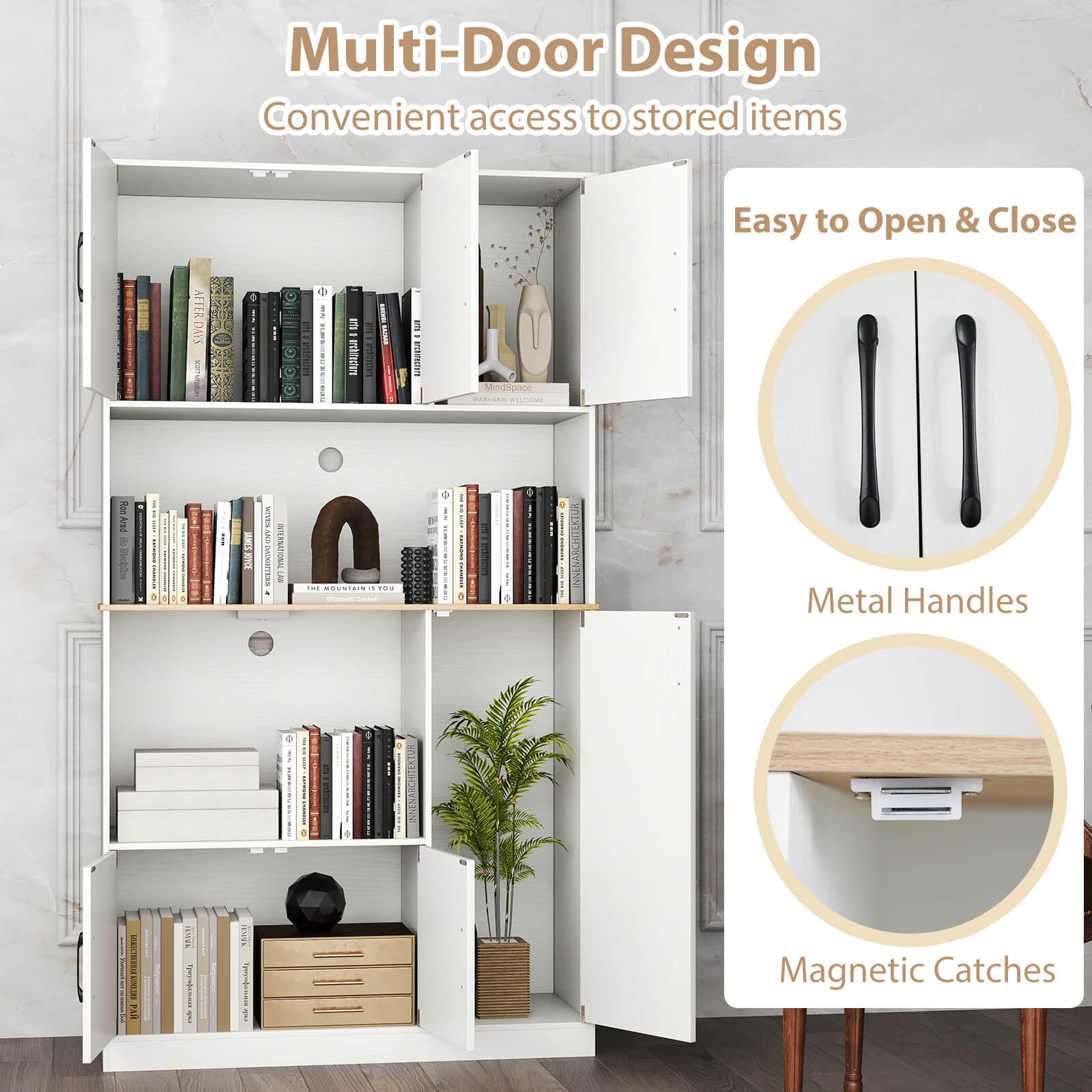 71” Tall Kitchen Pantry Cabinet with Charging Station, Microwave Stand & Doors