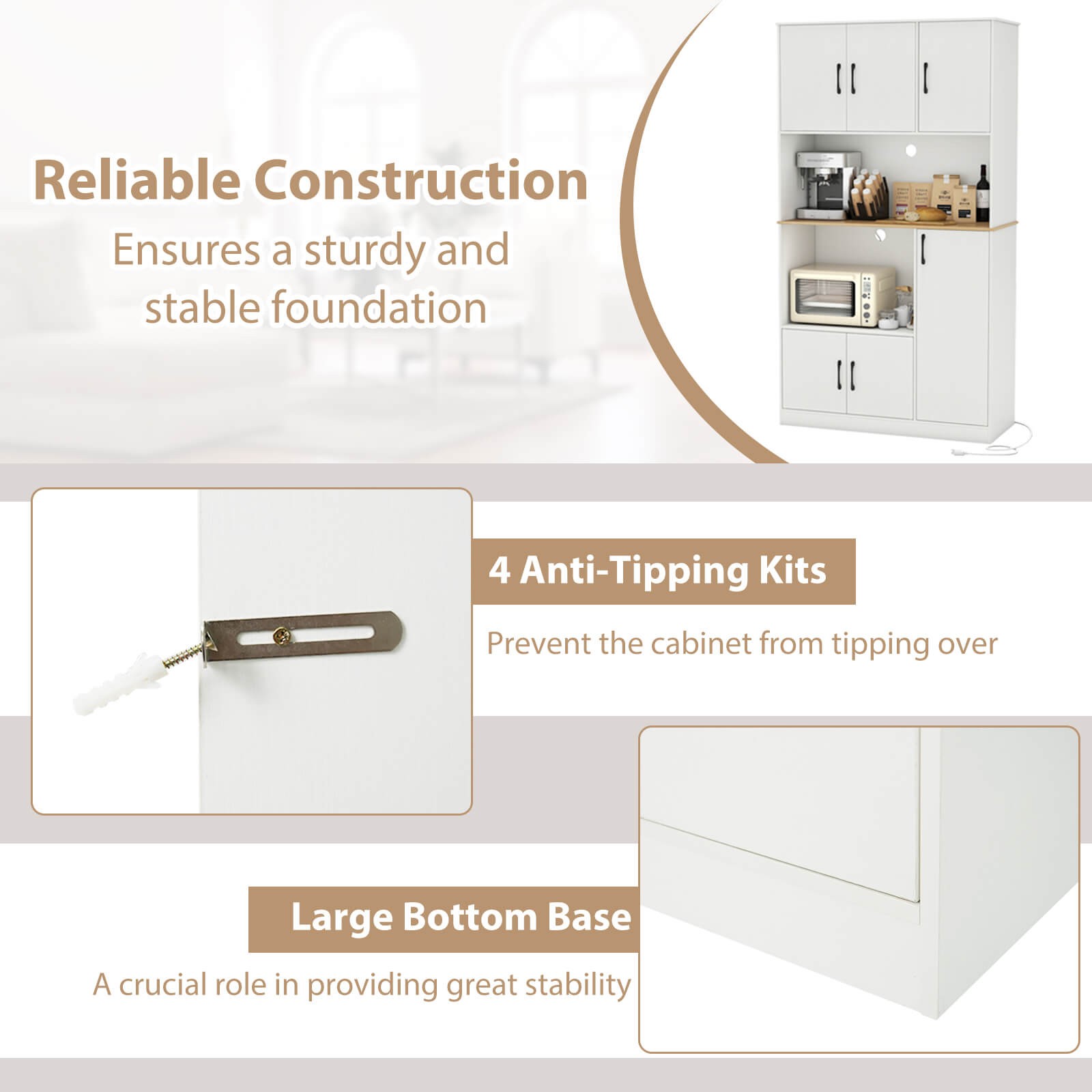 71” Tall Kitchen Pantry Cabinet with Charging Station, Microwave Stand & Doors