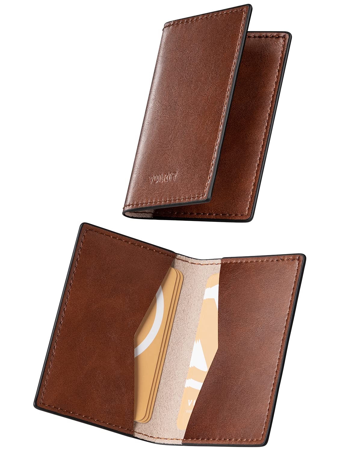 VULKIT Leather Business Card Holder 2 Sided 4.17 x 2.67x 0.22 inch, Brown