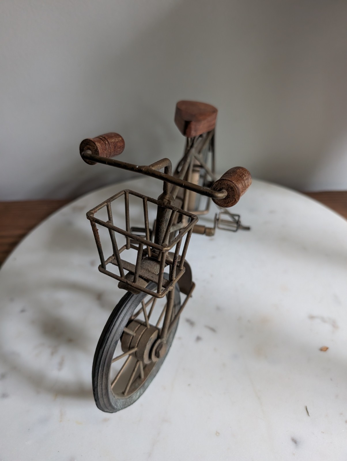 Miniature Metal Bicycle Sculpture Rustic Cottage Decor Wood Seat Basket Display