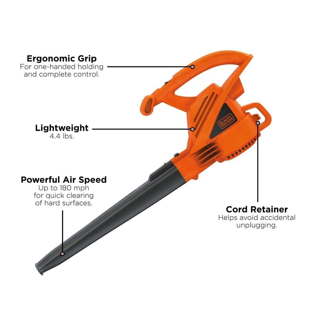 BLACK+DECKER 7 AMP 180 MPH 220 CFM Corded Electric Handheld Leaf Blower