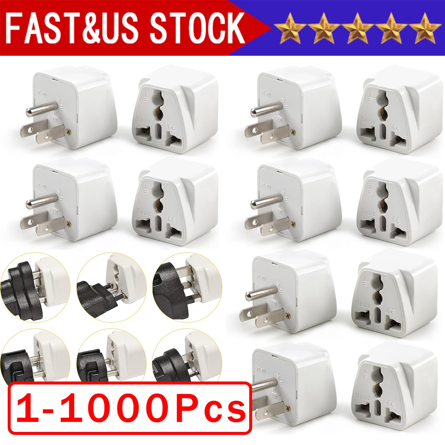 1-1000Pcs European EU To US American Adapter Plug Converter Euro Asia to USA Lot