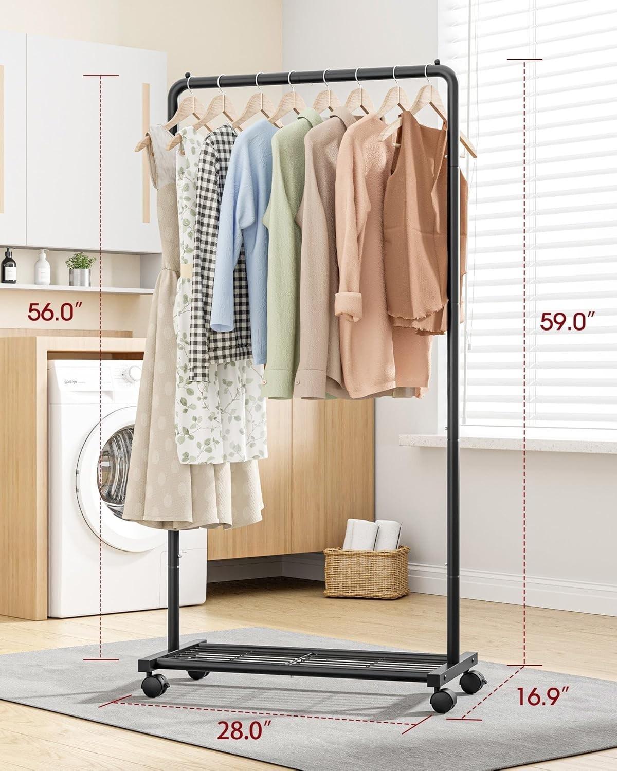 Compact Heavy-Duty Clothing Rack with Movable Shelves & Casters – 28×16.9×59