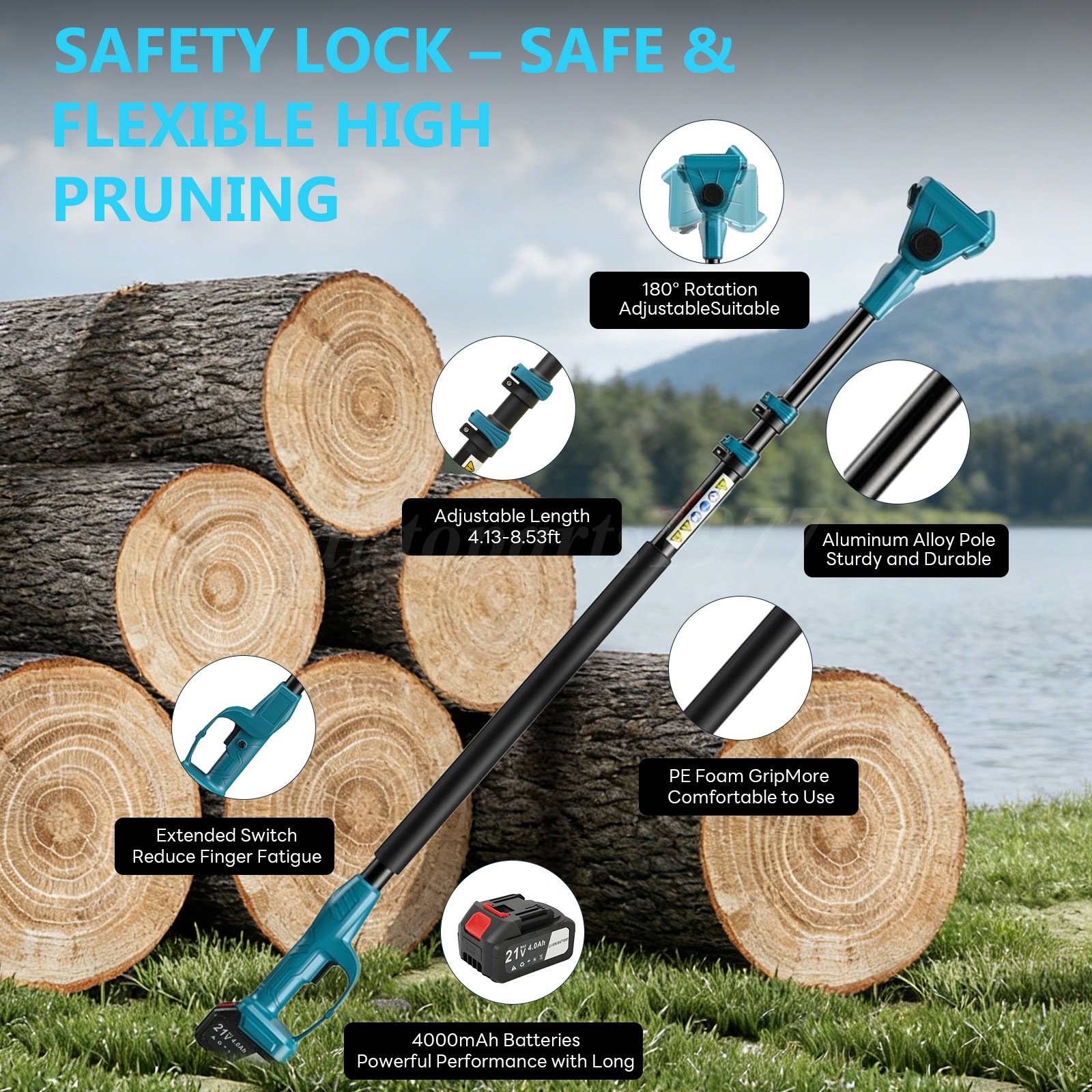 4-in-1 Cordless Pole Saw Electric Pruning Shears 16Ft Reach 8 Inch Mini Chainsaw