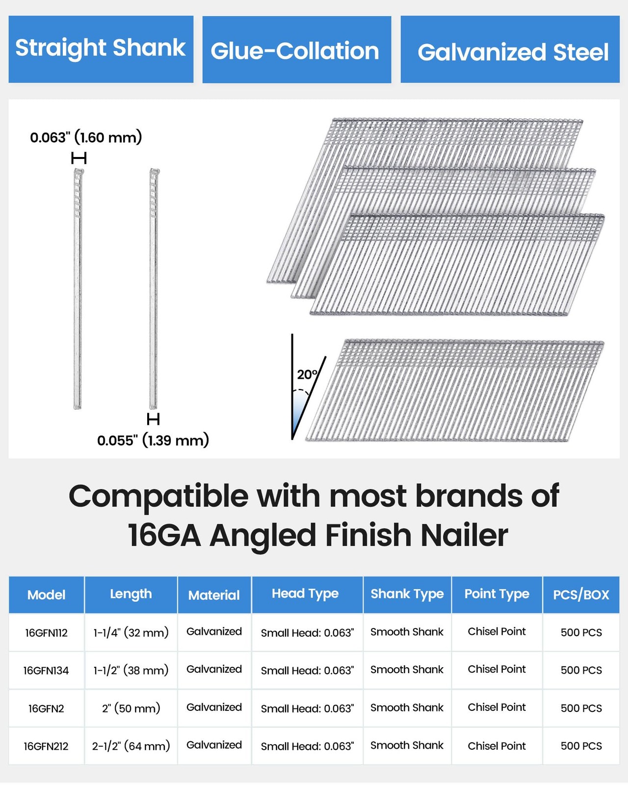 meite 16 Gauge 20° Angled Finish Nails 1-1/4 Inch Galvanized 500 Count | Rust…